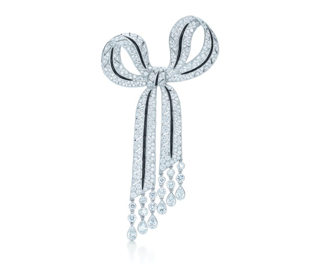 Diamond and black onyx bow brooch in platinum, $60,500,-Tiffany-&-Co., www.tiffany.com,-1-800-265-1251