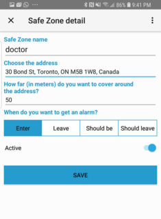 A screen shot of the Nurture Watch Safe Zone setting