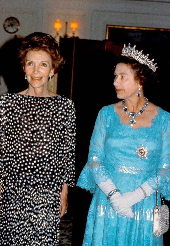 SAN FRANCISCO, USA - MARCH 04: Queen Elizabeth ll entertains US First Lady Nancy Reagan on the Royal Yacht Britannia on March 4, 1983 in San Francisco, USA. (Photo by Anwar Hussein/Getty Images)