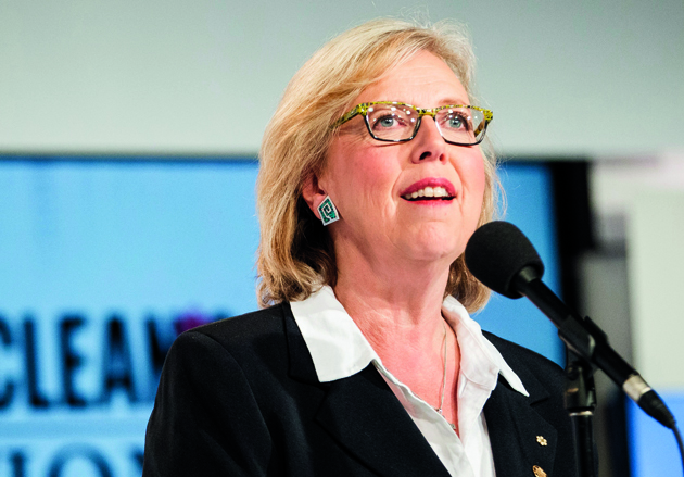 Green Party leader Elizabeth May speaks to reporters during a press conference following the first federal leaders debate of the 2015 Canadian election campaign in Toronto, August 6, 2015. Canadians are set to go to the polls on October 19, 2015. AFP PHOTO / GEOFF ROBINS (Photo credit should read GEOFF ROBINS/AFP/Getty Images)
