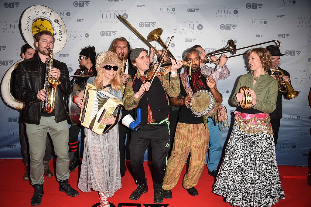 CALGARY, ALBERTA - APRIL 03: Lemon Bucket Orkestra arrive at the 2016 Juno Awards at Scotiabank Saddledome on April 3, 2016 in Calgary, Canada. (Photo by George Pimentel/Getty Images)