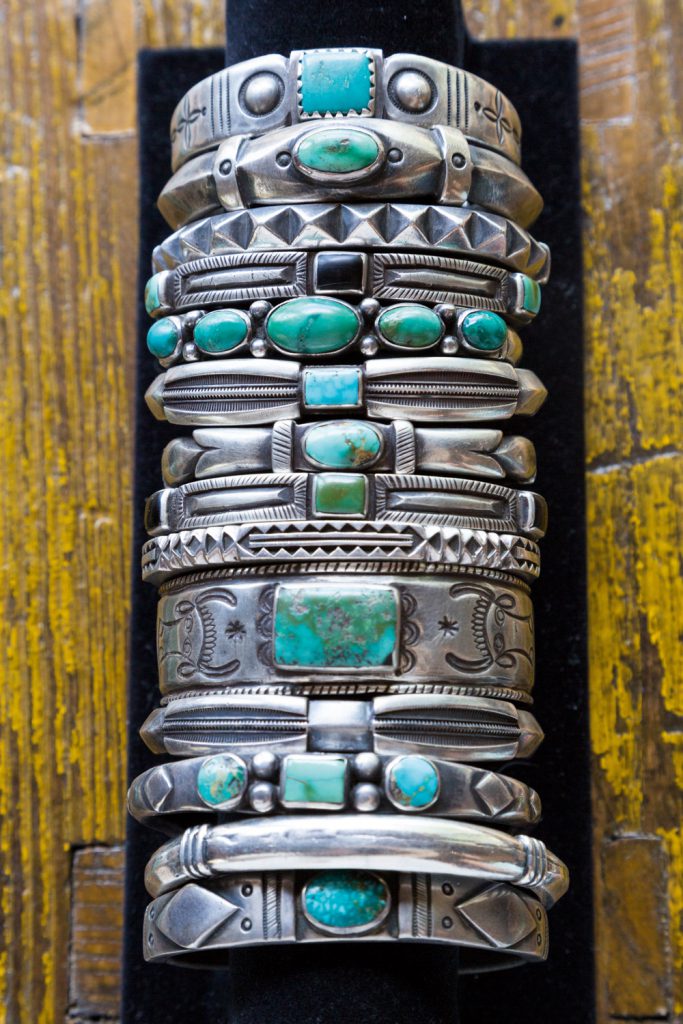 Close-up of Navajo bracelets, Santa Fe, New Mexico, USA