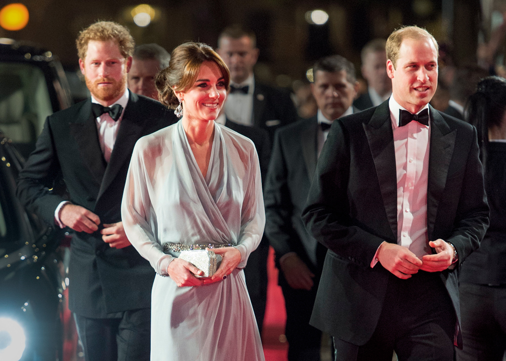 LONDON, ENGLAND - OCTOBER 26: Prince Harry with Prince William, Duke of Cambridge and Catherine, Duchess of Cambridge attend the Royal Film Performance of "Spectre" at Royal Albert Hall on October 26, 2015 in London, England. (Photo by Mark Cuthbert/UK Press via Getty Images)