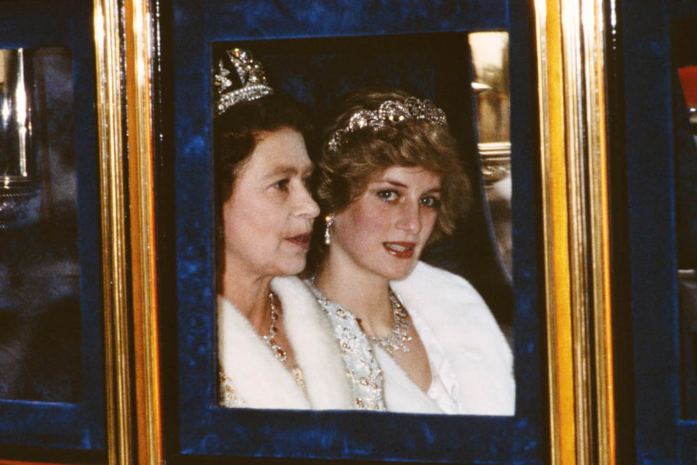 The Princess of Wales and the Queen attend the Opening of Parliament in London, November 1982. Diana is wearing a white fur coat and the Spencer tiara. (Photo by Terry Fincher/Princess Diana Archive/Getty Images)