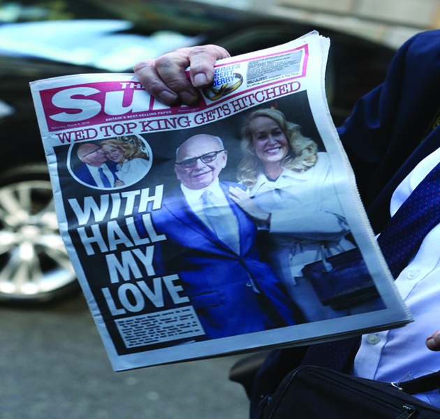 LONDON, ENGLAND - MARCH 05: A general view of the special edition of the Sun news paper given to guests at Jerry Hall and Rupert Murdoch wedding reception at Spencer House on March 5, 2016 in London, England. (Photo by Danny Martindale/GC Images)