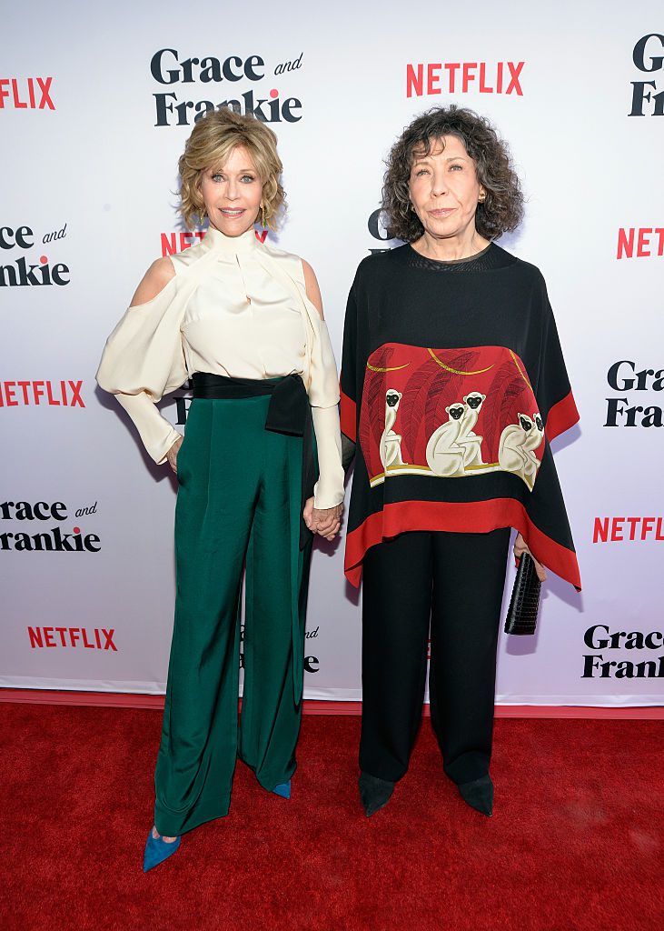 LOS ANGELES, CA - MAY 01: Actors Jane Fonda (L) and Lily Tomlin attend the premiere of Season 2 of the Netflix Original Series "Grace & Frankie" at Harmony Gold on May 1, 2016 in Los Angeles, California. (Photo by Michael Tullberg/Getty Images)