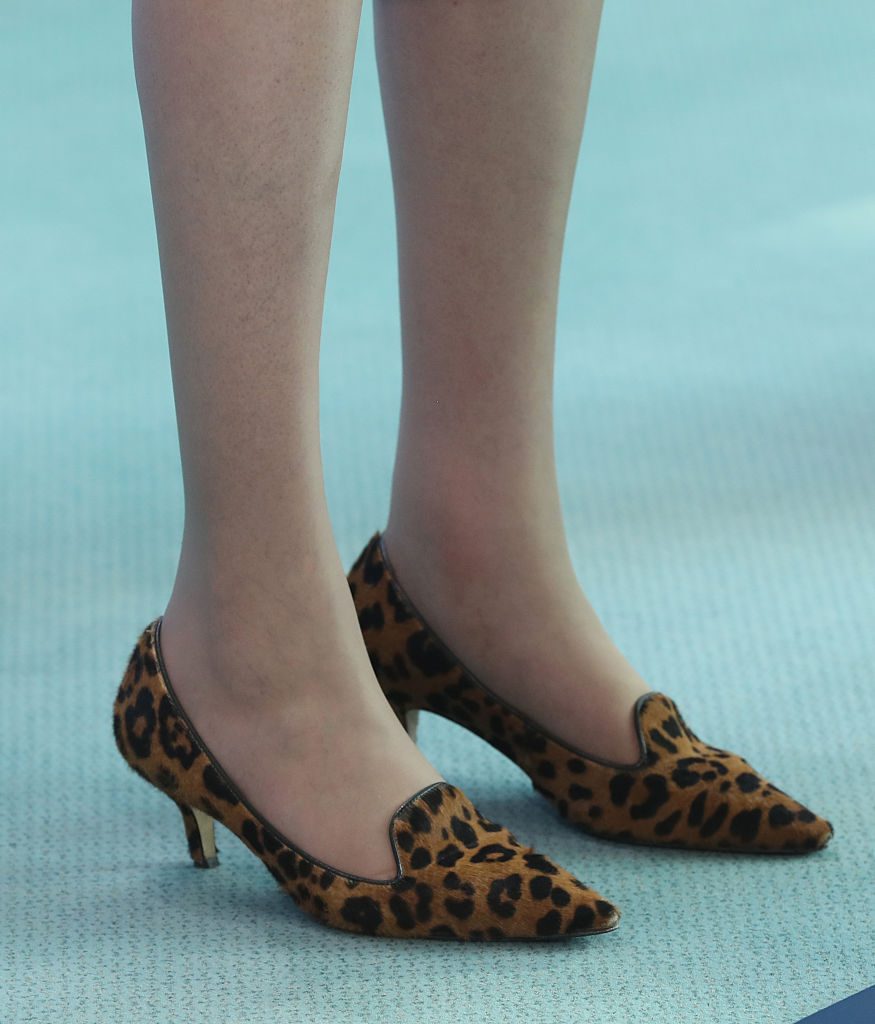 BERLIN, GERMANY - JULY 20: British Prime Minister Theresa May wears leopard-patterned shoes as she and German Chancellor Angela Merkel (not pictured) speak to the media following talks at the Chancellery on July 20, 2016 in Berlin, Germany. May, who replaced David Cameron as prime minister last week in the wake of the Brexit vote that will take the United Kingdom out of the European Union, is visiting Germany and France in her first foreign trip since assuming office. (Photo by Sean Gallup/Getty Images)