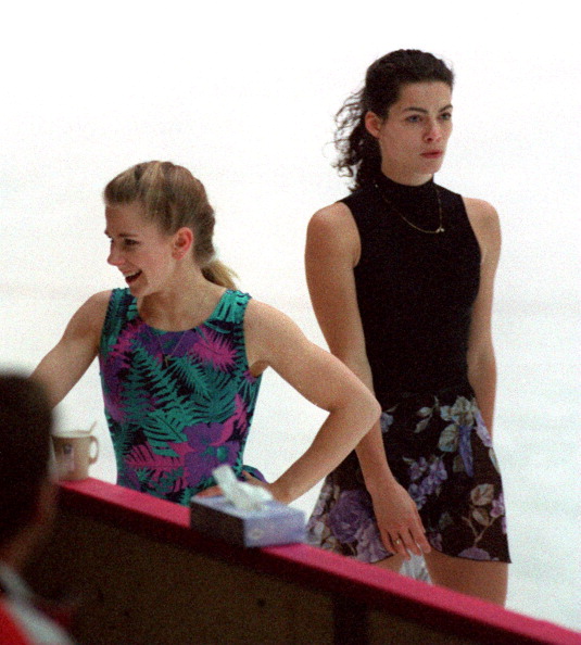 HAMAR - FEBRUARY 16: Tonya Harding is passed by Nancy Kerrigan during their first practice session. (Photo by John Tlumacki/The Boston Globe via Getty Images)