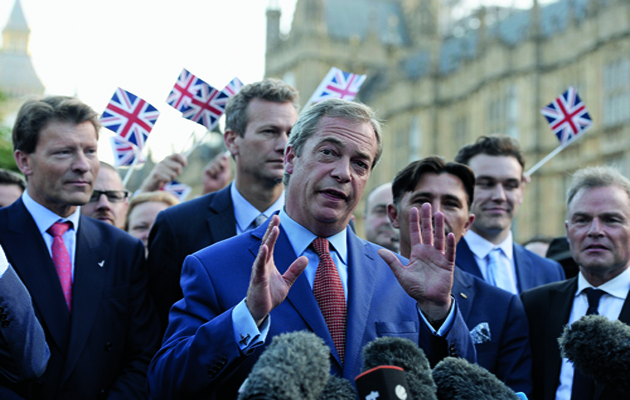LONDON, ENGLAND - JUNE 24: Nigel Farage, leader of UKIP and Vote Leave campaigner, arrives to speak to the assembled media at College Green, Westminster following the results of the United Kingdom's EU referendum on June 24, 2016 in London, United Kingdom. The result from the historic EU referendum has now been declared and the United Kingdom has voted to LEAVE the European Union. (Photo by Mary Turner/Getty Images)