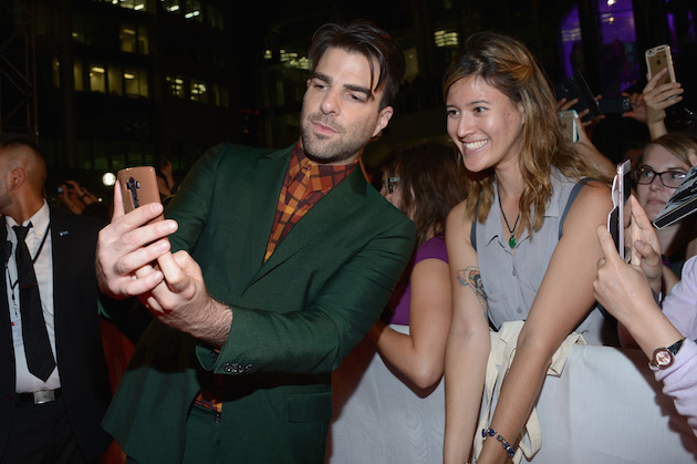 TORONTO, ON - SEPTEMBER 09: Actor Zachary Quinto takes a selfie with fans at the "Snowden" premiere during the 2016 Toronto International Film Festival at Roy Thomson Hall on September 9, 2016 in Toronto, Canada. (Photo by GP Images/WireImage)