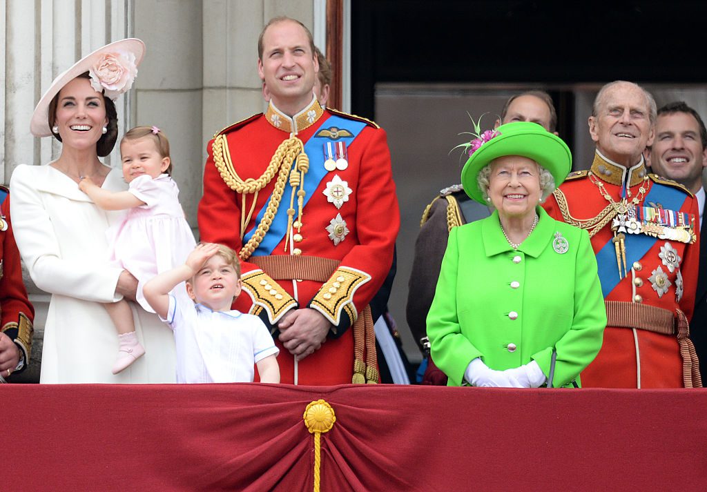 Catherine, Duchess of Cambridge, Princess Charlotte of Cambridge, Prince George of Cambridge, Prince William, Duke of Cambridge, Queen Elizabeth II and Prince Philip, The Duke of Edinburgh during the Trooping the Colour, this year marking the Queen's official 90th birthday at The Mall on June 11, 2016 in London, England. The ceremony is Queen Elizabeth II's annual birthday parade and dates back to the time of Charles II in the 17th Century when the Colours of a regiment were used as a rallying point in battle.
