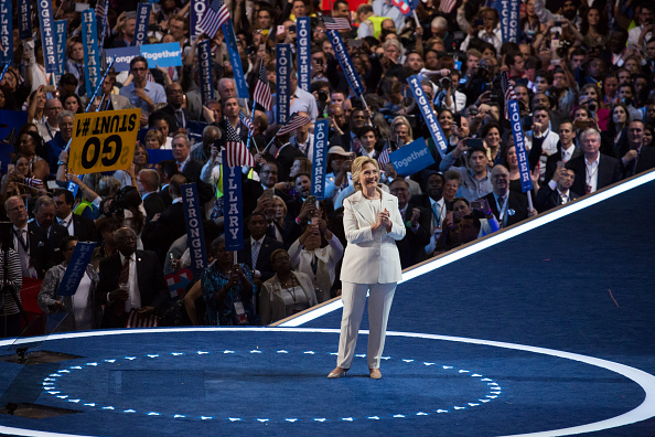 Philadelphia, PA On Wednesday, July 27, in the Wells Fargo Center, Hillary Clinton takes it all in, after giving her nomination acceptance speech on the last day of the Democratic National Convention. (Photo by Cheriss May/NurPhoto via Getty Images)