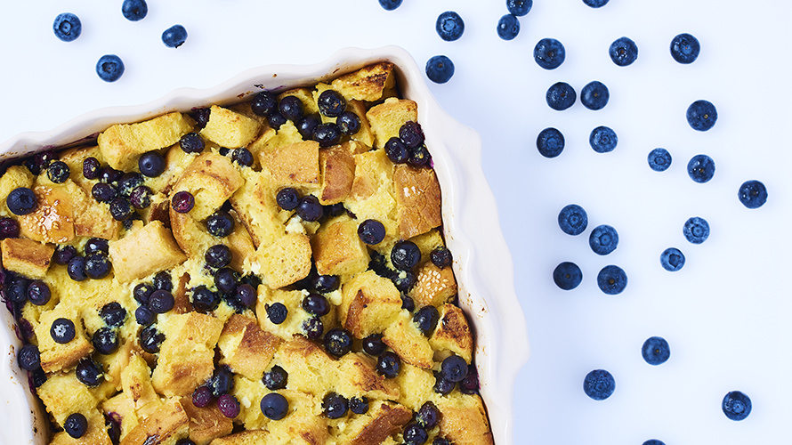 A blueberry lemon ricota featuring a combination of french bread, a light egg mixture and sweet blueberries. 