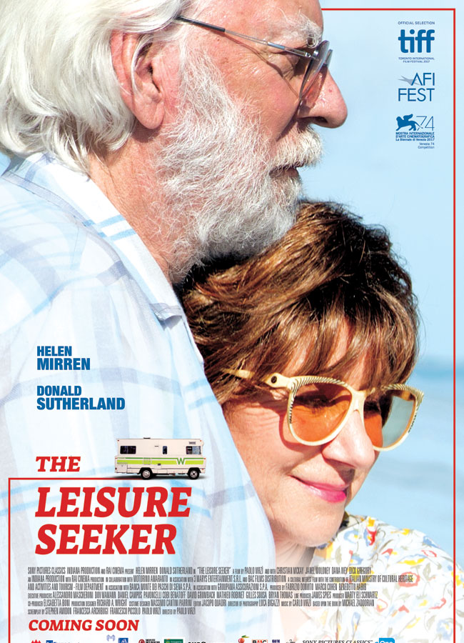The movie poster for The Leisure Seeker. A side profile of Donald Sutherland with Helen Mirren pressing her face against his chest and smiling. 