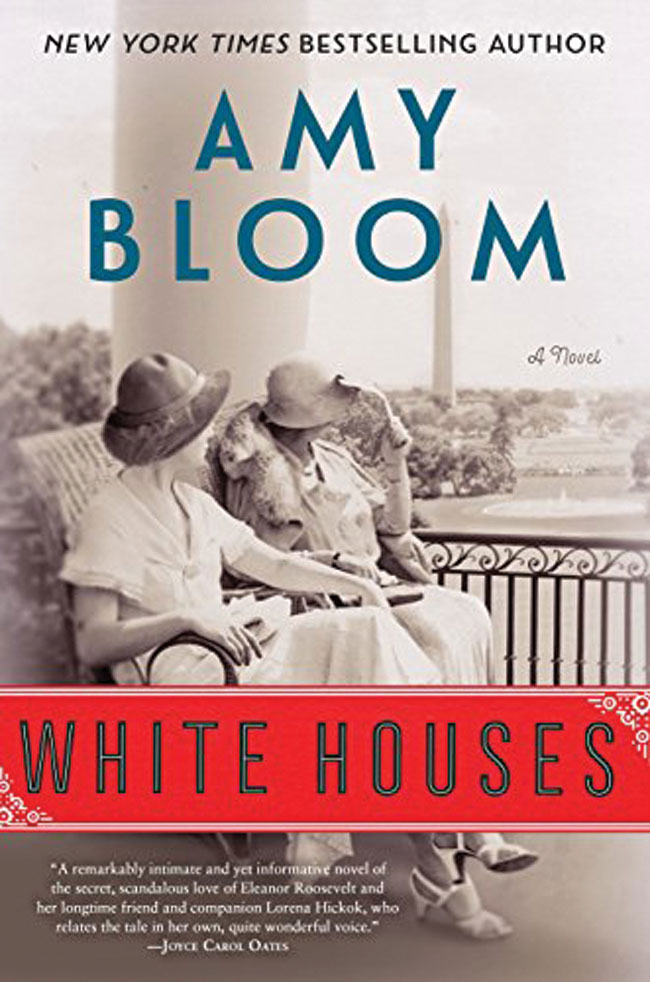 The book cover for White Houses, which features a photo of two woman wearing bonnets sitting on a porch. 