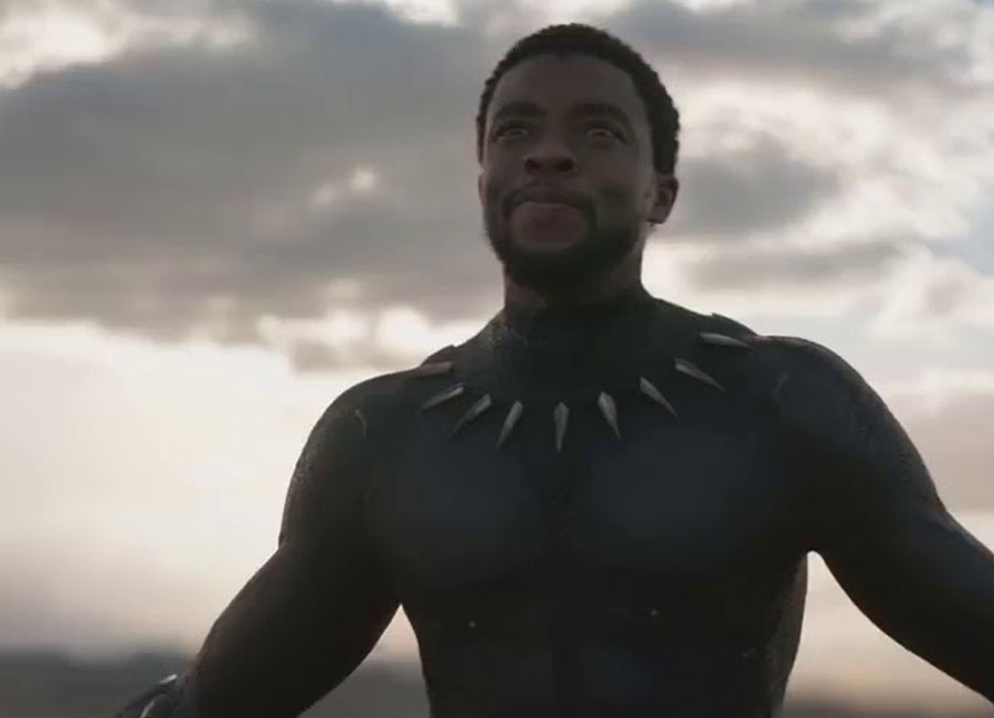 Marvel's The Black Panther standing arms outstretched staring off-camera. 