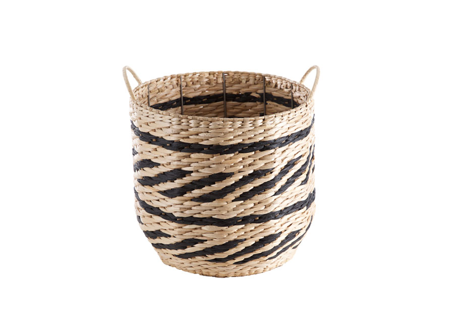 Black and natural round woven basket with handles