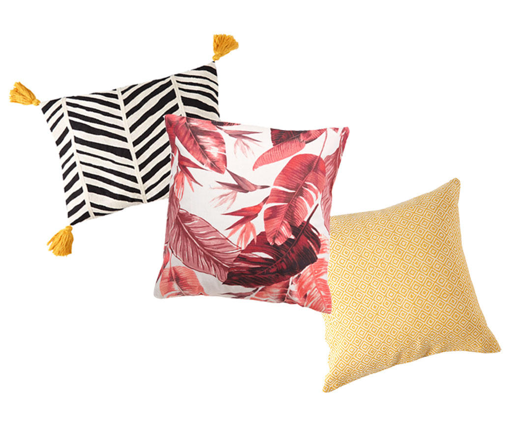 Printed Throw Pillows (black and white stripe, fuchsia tropical leaves and yellow diamond).