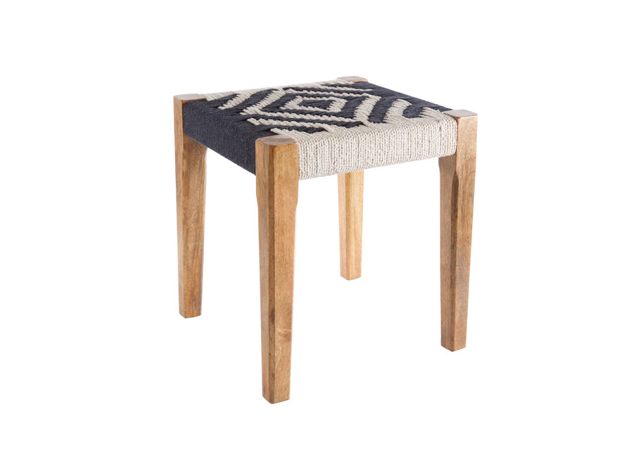 Stool with black and white woven seat and wooden legs