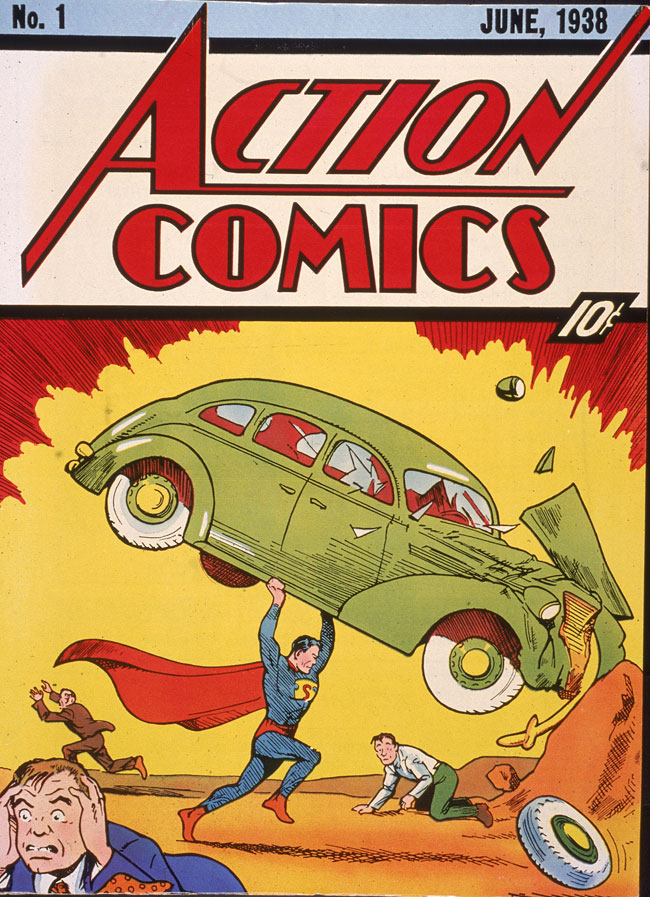 The cover for the first Superman Comic featuring Superman holding a car over his head. 
