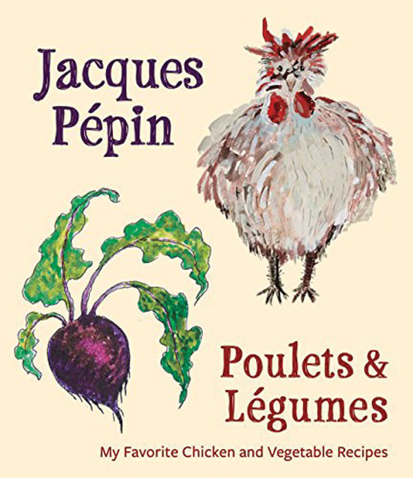 The book cover for Poulets and Legumes. A cartoon chicken and beat is displayed on the cover. 