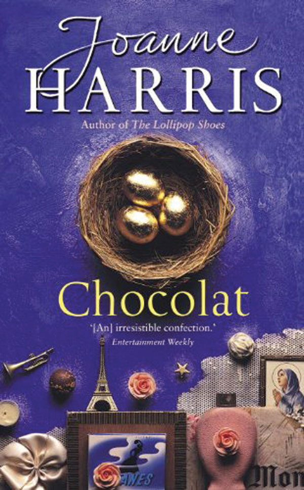 The book cover for chocolat. A bird's nest with chocolate eggs wrapped in gold paper is displayed underneath the author's name on a purple background. 