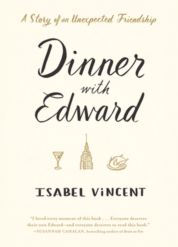 The book cover for Dinner With Edward. Beneath the title and author is three animated icons: a martini, a building and a turkey. 