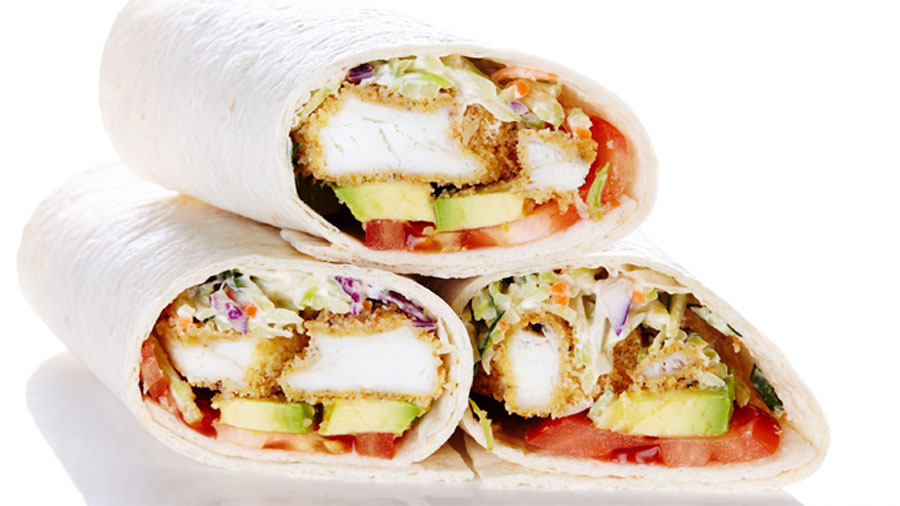 A wrap filled with breaded sole, tangy cabbage slaw, juicy tomatoes and creamy avocado. 