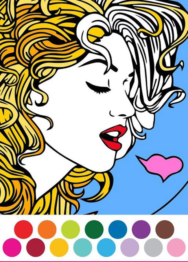 A screenshot of the colorfy app displaying an illustration of a young woman with curly hair and the colour pallet displayed at the bottom of the screen.