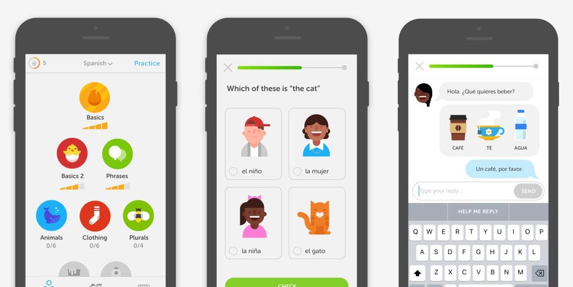 The Duolingo app screenshot demonstrating how the app helps users learn a new language with the help of illustrations.