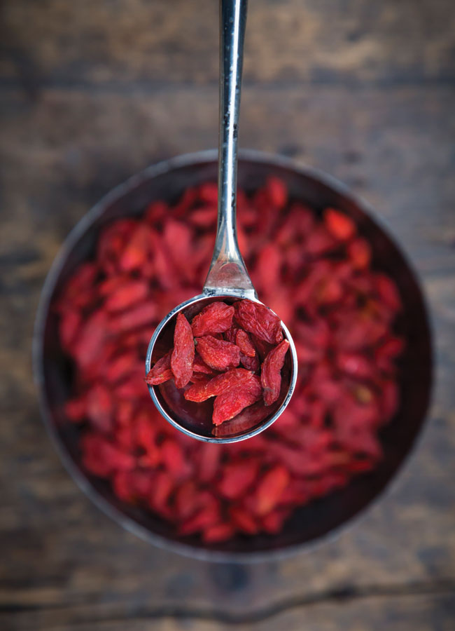 A bowl of goji berries with a spoonful hovering above the bowl.