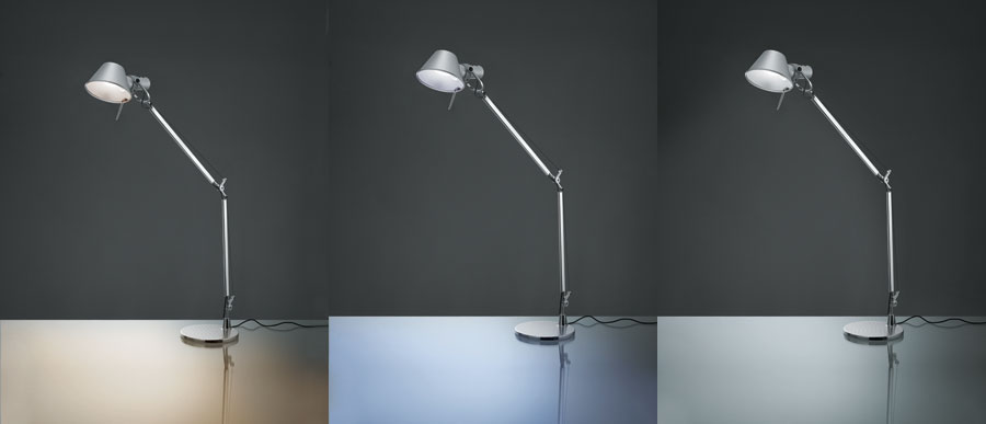 A split screen showing lighting options for the Tolomeo, which include a warm, cold and bright lighting options. 
