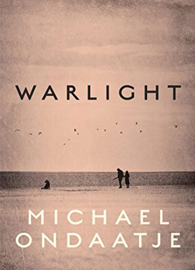 The book cover for Warlight featuring two people standing on a frozen lake with a dog and the title displayed in the sky above them. 