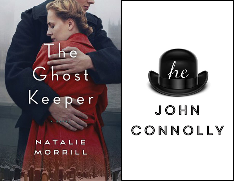 Two book covers. The cover for The Ghost Keeper featuring the back view of a woman being hugged by a man with the book title written in white in the foreground. The second book cover for he features a top hat with he written in lower case on the front of the hat. 