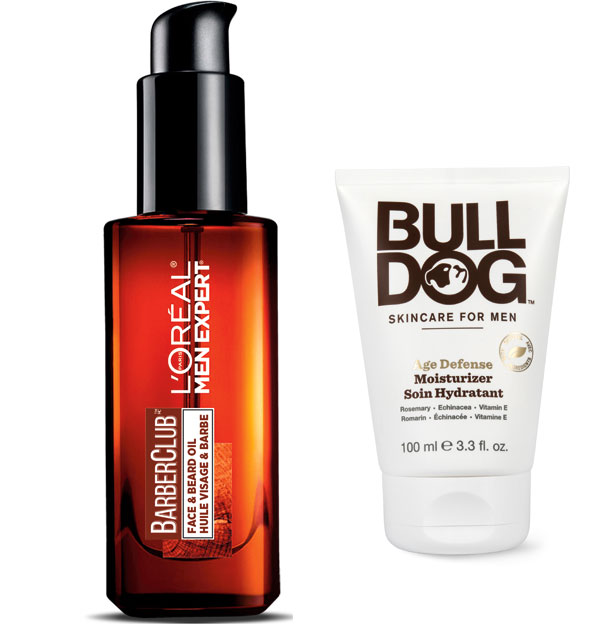 A bottle of L'Oreal's face and beard oil and a tube of Bull Dog's Age defence moisturizer. 