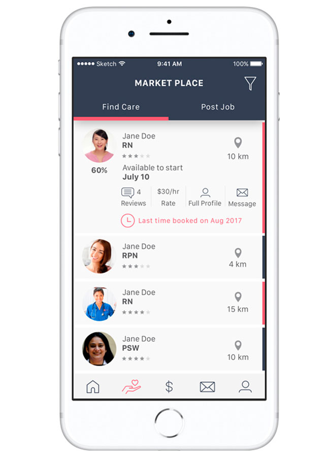 Caremap app Market Place screen