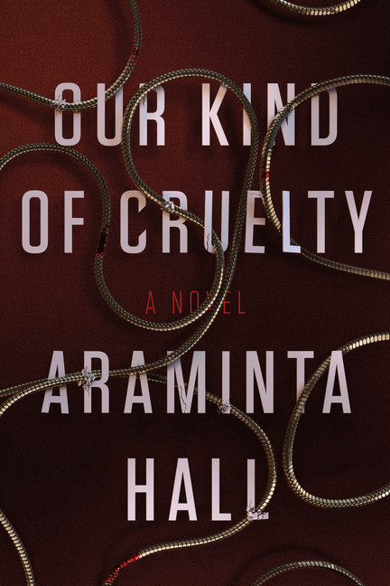 The book cover for Our Kind of Cruelty. The text of the title and the author with a bloody chain meandering overtop of the words. 