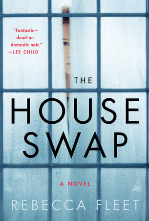 The books cover for The House Swap. The text overtop of a window with someone peaking through a slit in the open curtains. 
