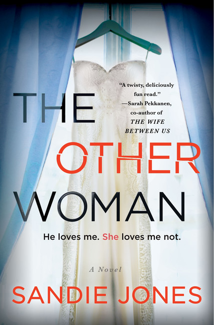 The book cover for The Other Woman. Behind the title text is a wedding dress hanging in the opening of blue curtains.