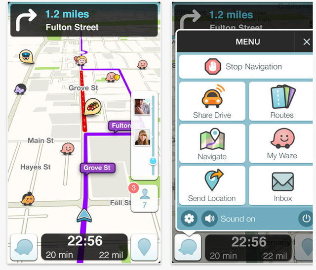 A screenshot of the waze app displaying a map indicating traffic and other important information on your route. 