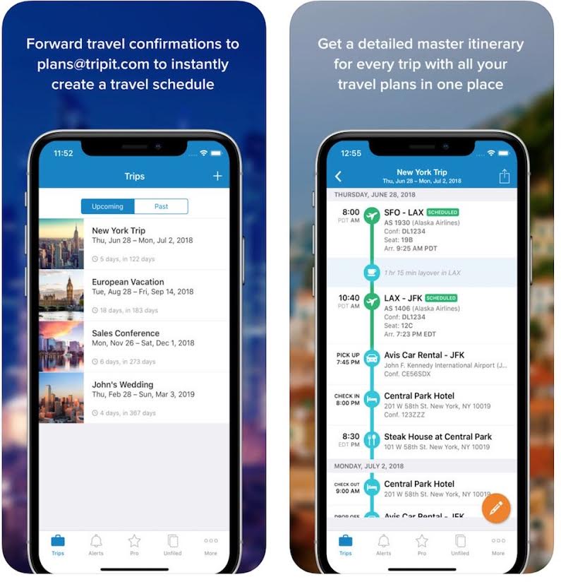 Screenshot of the triplt app showing a full flight itinerary.