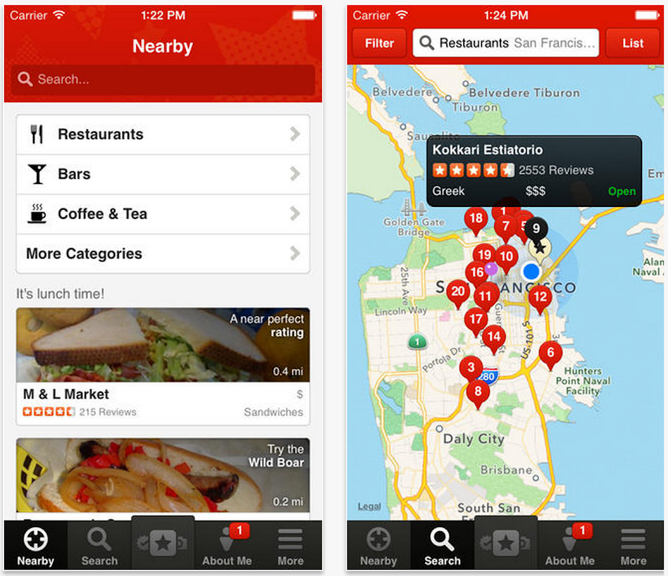 A screenshot of the Yelp app displaying the location and reviews of various restaurants. 