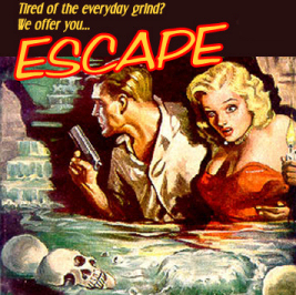 A poster for the classic radio show Escape. A man with a gun and a blonde woman with a red dress are seen wading through water with skulls floating on the surface. 