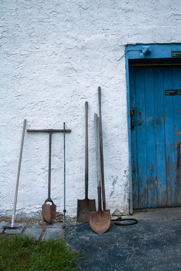 Gardening shovels propped up against a shed