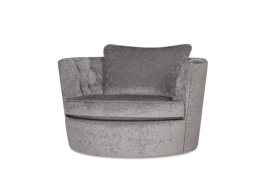 A large round lounge chair in silver grey upholstrey 
