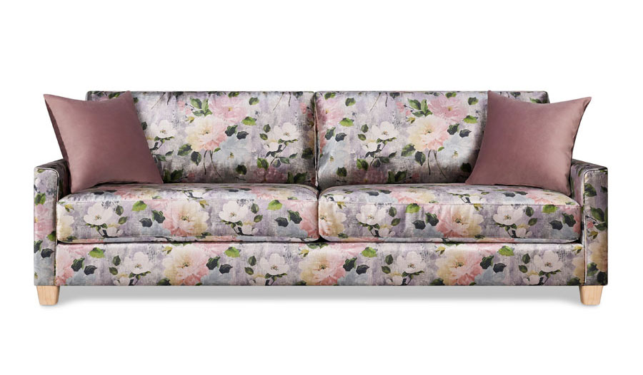 Two-seat sofa in grey and pink floral upholstery 