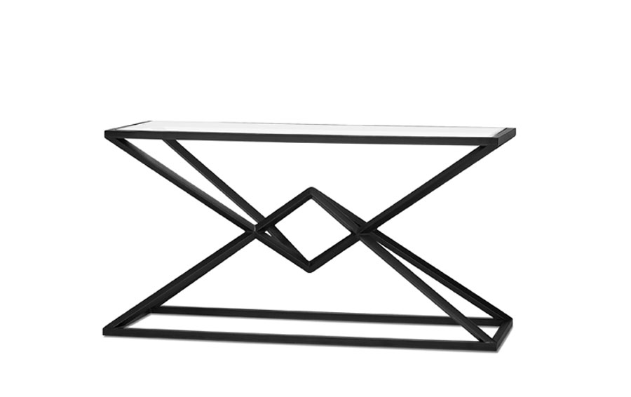 Glass top console table with crisp cross black iron base