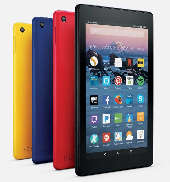 The Amazon Fire tablet in several colours. 