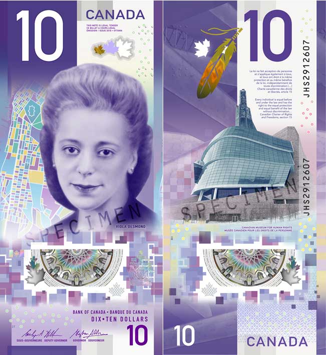 The new purple $10 bill honouring Viola Desmond.