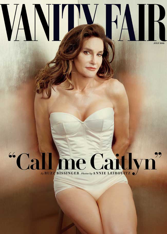 The cover of Vanity Fair featuring Caitlyn Jenner in a white one piece bathing suit. 